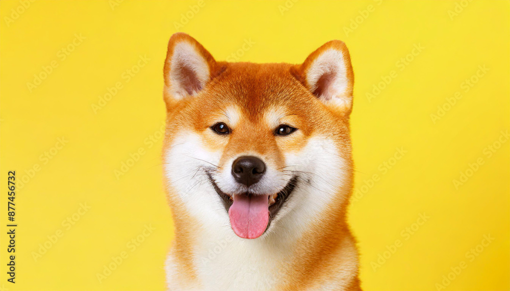 Happy smiling shiba inu dog isolated on yellow orange background with copy space. Red-haired Japanese dog smile portrait Happy smiling shiba inu dog isolated on yellow orange background with copy space. Red-haired Japanese dog smile portrait