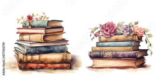 Watercolor Old Books Stack with flowers illustration clipart png