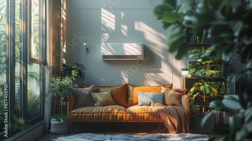 home air conditioning, a chic wall-mounted ac unit enhances a snug reading corner, perfect for unwinding and relaxing in style photo