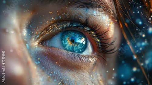 A close-up shot of a persons blue eye with golden glitter and sparkling lights.