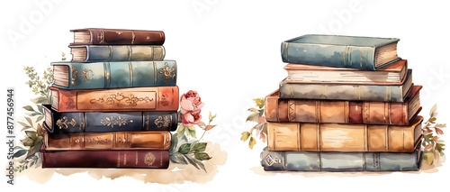 Watercolor Old Books Stack with flowers vintage illustration   clipart png