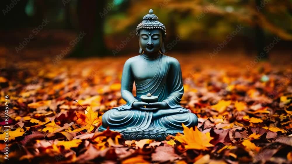 The video is of a blue stone statue of Buddha sitting cross-legged on a bed of fallen brown and orange leaves against a blurry background of trees. The video is of a blue stone statue of Buddha sitting cross-legged on a bed of fallen brown and orange leaves against a blurry background of trees.