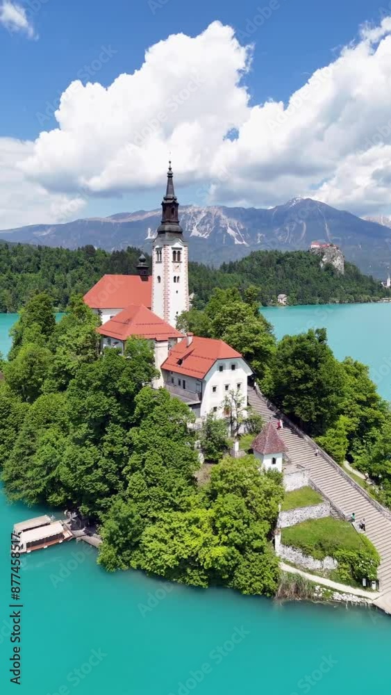 Drone shot of beautiful Lake Bled in Slovenia Drone shot of beautiful Lake Bled in Slovenia