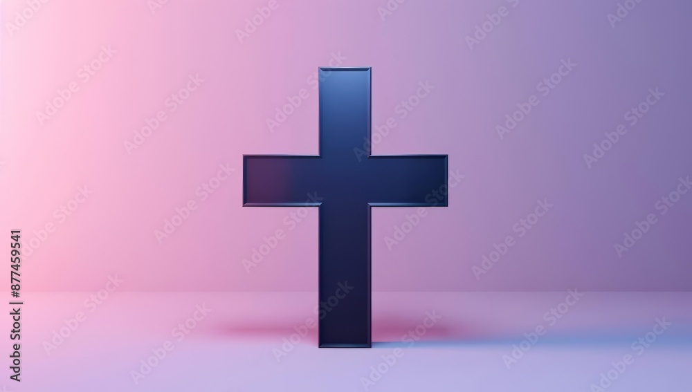 Obraz premium Contemporary Cross Statue with Gradient Purple and Pink Background