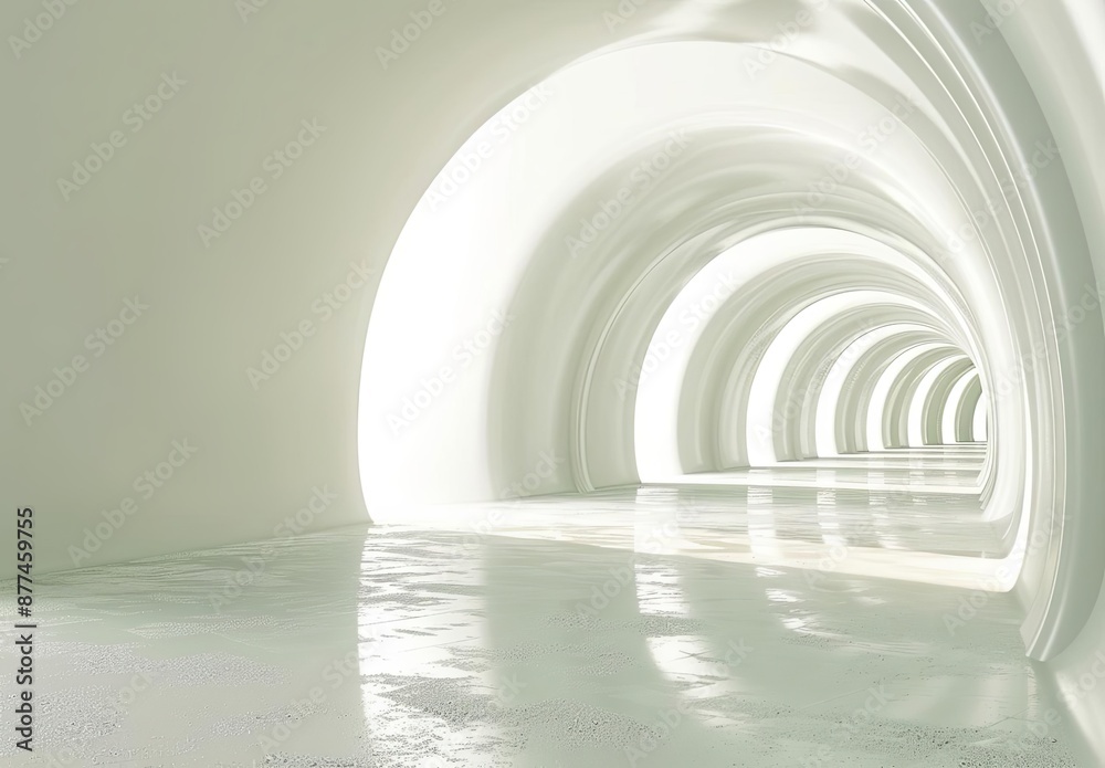 Fototapeta premium Futuristic White Tunnel with Curved Walls and Reflective Floor