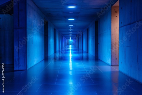 Futuristic Blue-Lit Corridor with Symmetrical Design