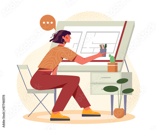 Interior designer with blueprint. Woman with pencils sits near drawing. Apartment room layout. Furniture for home. Workshop or studio. Cartoon vector illustration isolated on white background