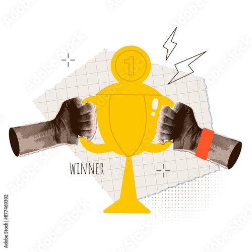 Who hands holding trophy cup in trendy halftone collage style. Business success, sport victory, education goal achievement concept. Trendy realistic dotted torn out paper vector illustration