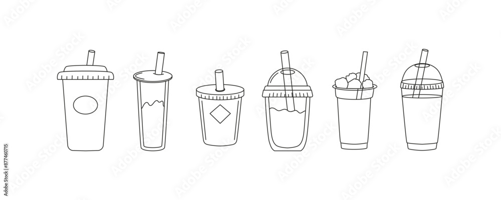 Linear plastic cups and glasses for drinks. Take-away beverages and refreshments. Tableware, glassware. Line art sketch and doodle, icon. Vector isolated on white. Linear plastic cups and glasses for drinks. Take-away beverages and refreshments. Tableware, glassware. Line art sketch and doodle, icon. Vector isolated on white.