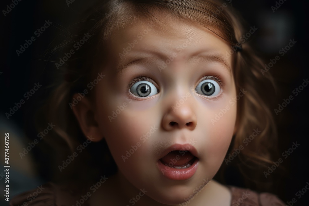 Close-up of a toddler girl with a shocked expression and big, open eyes Close-up of a toddler girl with a shocked expression and big, open eyes