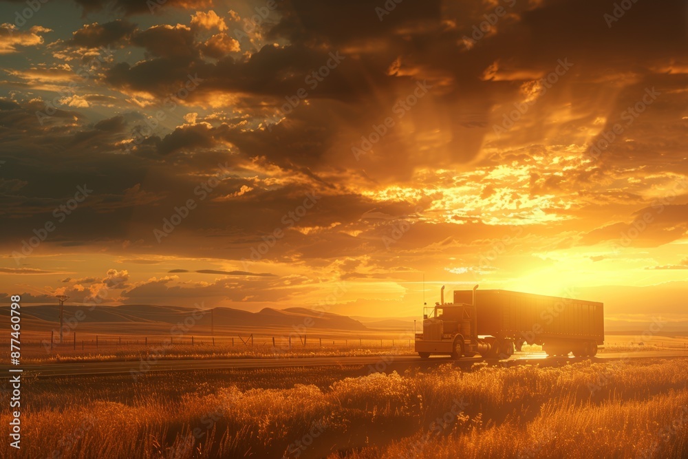 Fototapeta premium Against the backdrop of a stunning sunset, a truck travels along a rural road, casting long shadows across the landscape. Discover the beauty of the golden hour.