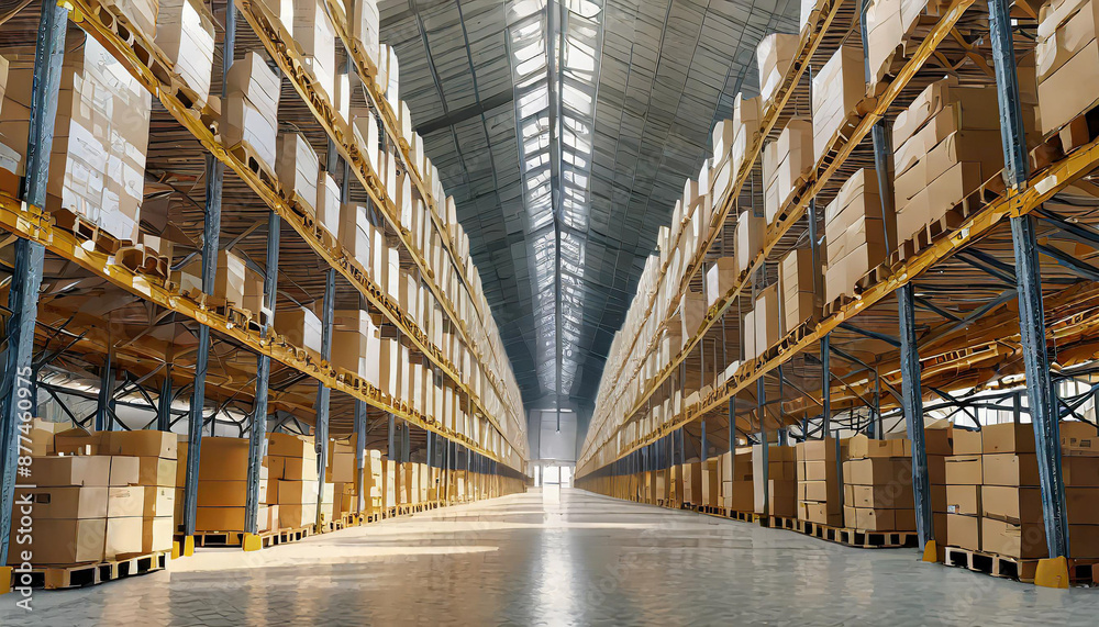 Panorama of huge distribution warehouse with high shelves with forklift at large warehouse. Panorama of huge distribution warehouse with high shelves with forklift at large warehouse.