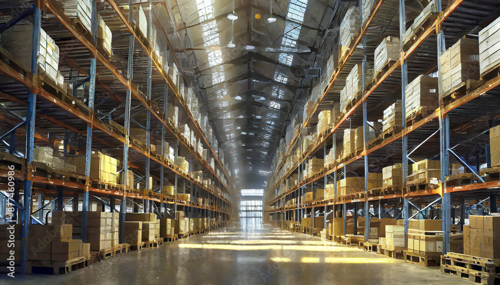 Panorama of huge distribution warehouse with high shelves with forklift at large warehouse. Panorama of huge distribution warehouse with high shelves with forklift at large warehouse.