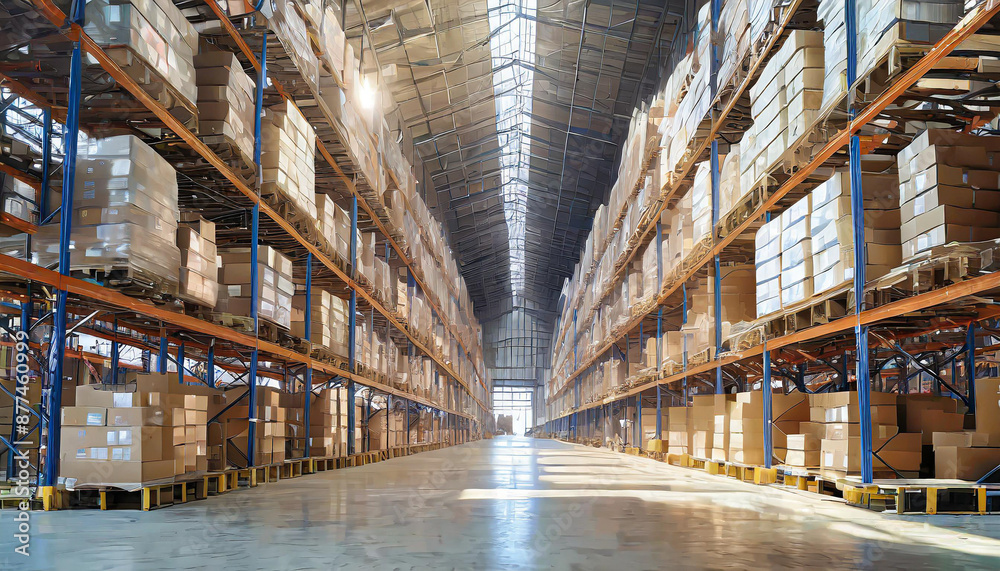 Panorama of huge distribution warehouse with high shelves with forklift at large warehouse. Panorama of huge distribution warehouse with high shelves with forklift at large warehouse.