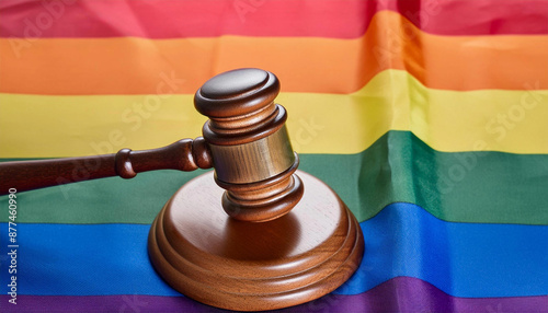 LGBT rights and laws concept, wooden judge gavel on a flag.