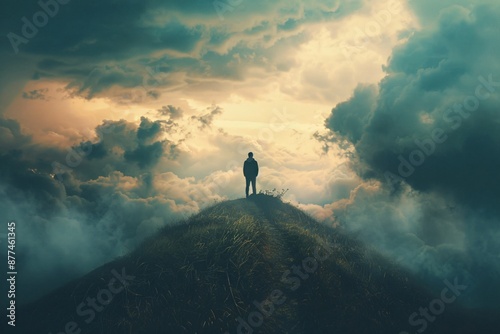 Solitary Figure Standing on a Hilltop Amidst Dramatic Clouds