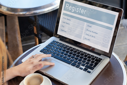 Sign up with online registration form, register new user, filling application form with personal data to create account on website.