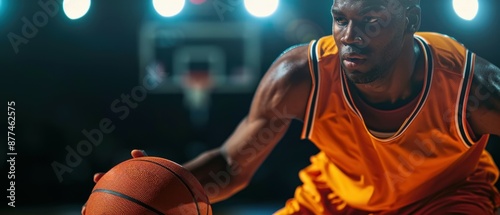 Close-up action shot of a basketball player in an orange jersey dribbling the ball during an intense game on a professional court. photo