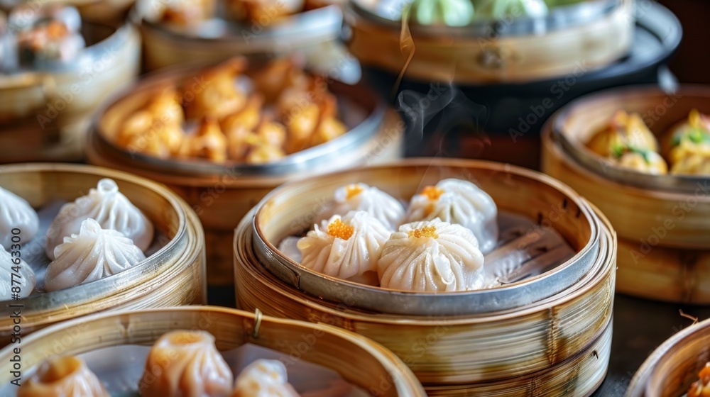 Naklejka premium Chinese dim sum assortment on bamboo steamers, showcasing dumplings and buns.
