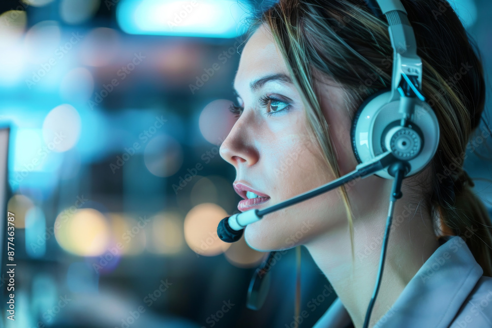 A focused call center agent with a headset provides exceptional customer service, surrounded by a high-tech and fast-paced working environment. A focused call center agent with a headset provides exceptional customer service, surrounded by a high-tech and fast-paced working environment.