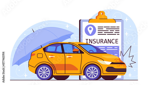 Car accident insurance. Yellow auto near insurnce document and agreement. Financial deals and contracts. Transport protection. Cartoon vector illustration isolated on white background