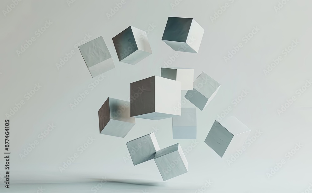 Modern Abstract Geometric Floating 3D Cubes in Monochrome Grey Background Modern Abstract Geometric Floating 3D Cubes in Monochrome Grey Background