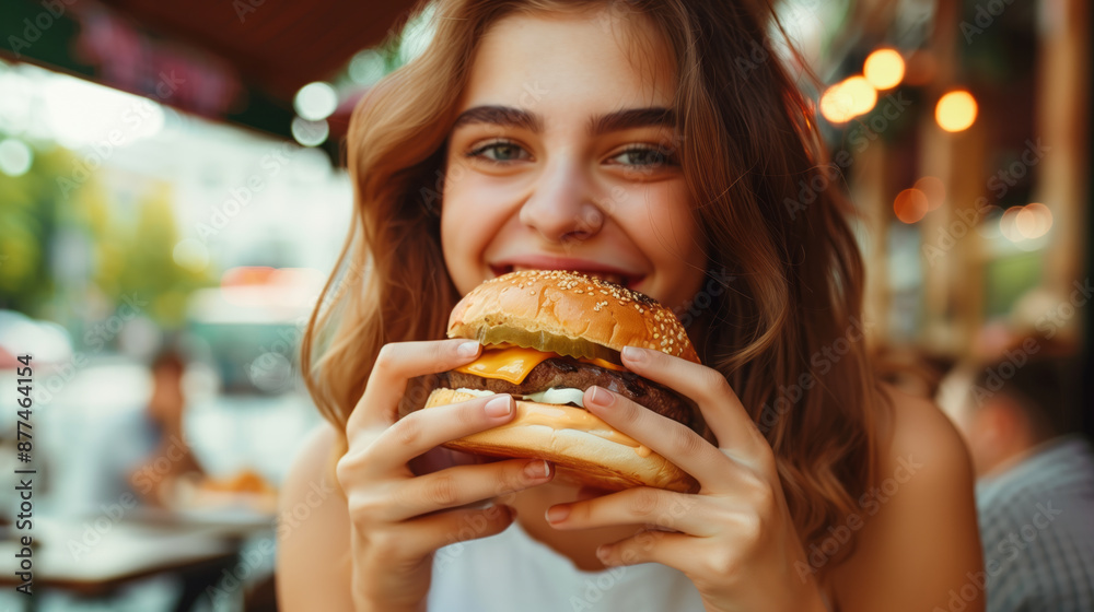 Close up portrait of a satisfied pretty girl eating burger Close up portrait of a satisfied pretty girl eating burger