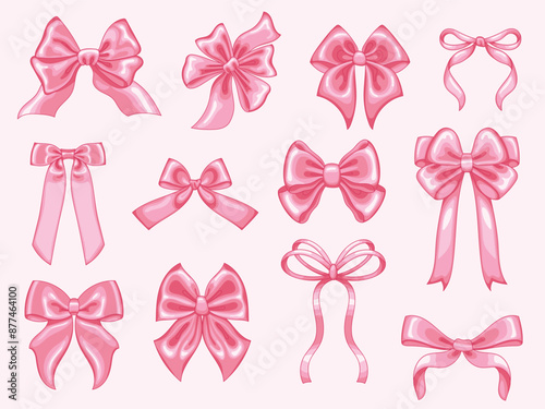 Coquette pink ribbon bows. Shiny satin bow for gift wrapping, y2k aesthetic hair decor and trendy elegant girls accessories isolated vector illustration set. Silk rosy knots for birthday decoration.