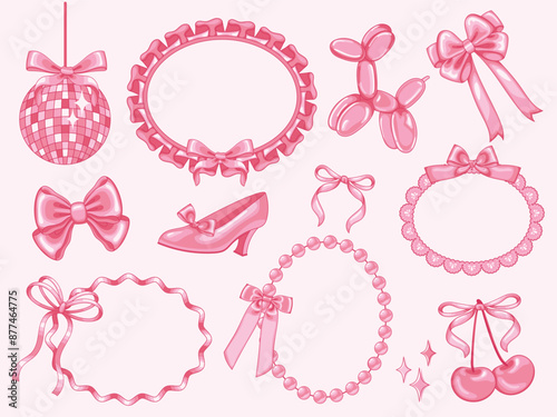 Coquette decorative elements. Girly bows on Y2k ruffled ribbon frame, pump shoe, disco ball and pink cherry. Girl party accessories vintage vector illustration. Shiny pink satin gift bow collection photo