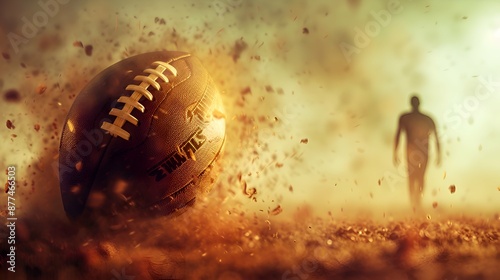 A brown football being thrown and catching fire in a fiery explosion.