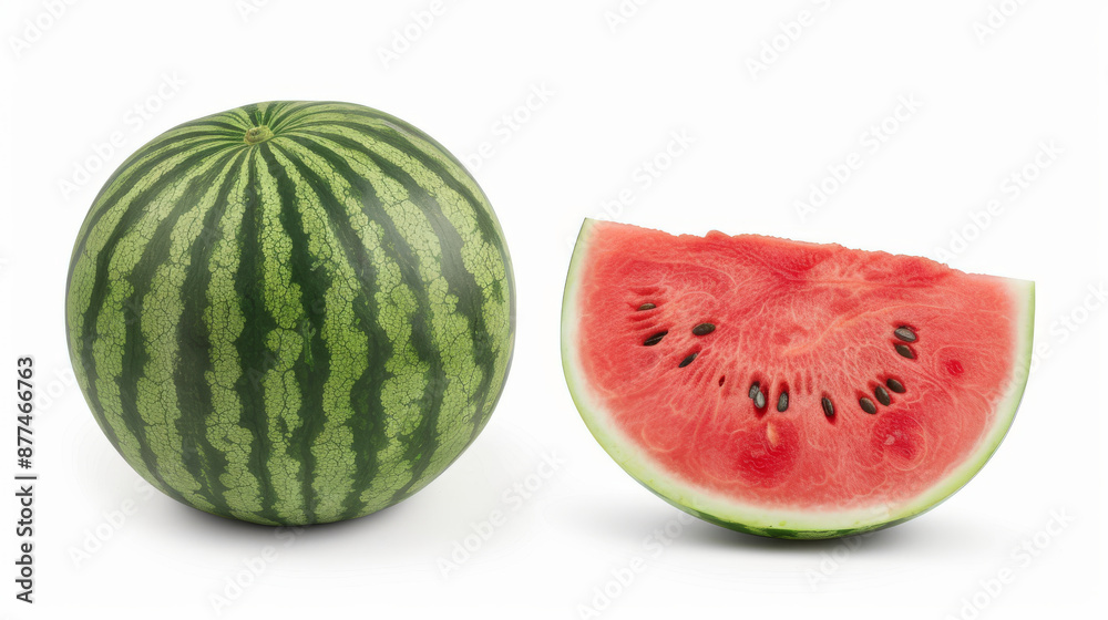 Striped watermelon and halved watermelon isolated on a white background with a clipping path. Striped watermelon and halved watermelon isolated on a white background with a clipping path.