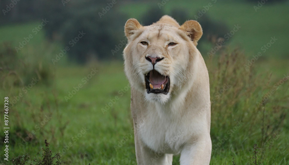 Lioness displays dangerous teeth during light Lioness displays dangerous teeth during light