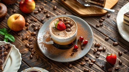 Wallpaper Mural Creative composition with coffee and desserts on a wooden table. Appetizing dishes, aesthetic arrangement, warm tones. Torontodigital.ca