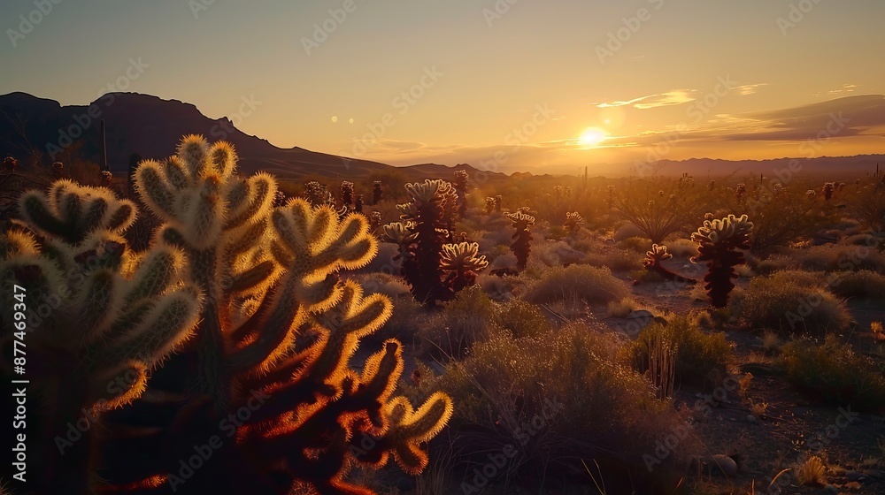Cholla cacti holding light during majestic sunset with saguaro cactus silhouettes and camelback mountain in distance shot from McDowell sonoran conservancy in scottsdale, AZ