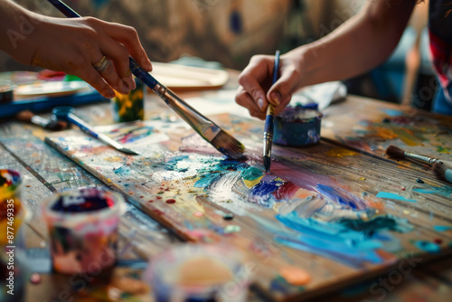 Two hands are engaged in a lively art creation process, painting with vivid colors on a wooden surface strewn with art supplies.