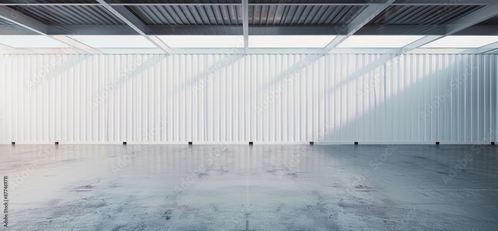 empty space with a clean white cargo container wall and a sleek concrete floor, providing a modern and minimalist product display background. empty space with a clean white cargo container wall and a sleek concrete floor, providing a modern and minimalist product display background.