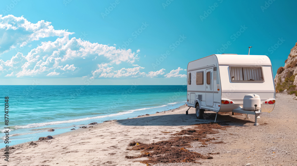 Fototapeta premium Caravan on Beach and blue Sky