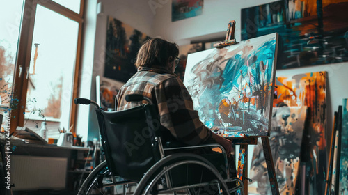 Passionate Disabled Painter in Studio, Expressive Artwork photo