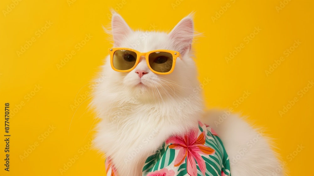 A white cat wearing sunglasses and a floral shirt is standing on a yellow background. The cat's outfit gives off a fun and playful vibe, making it look like it's ready for a beach vacation A white cat wearing sunglasses and a floral shirt is standing on a yellow background. The cat's outfit gives off a fun and playful vibe, making it look like it's ready for a beach vacation