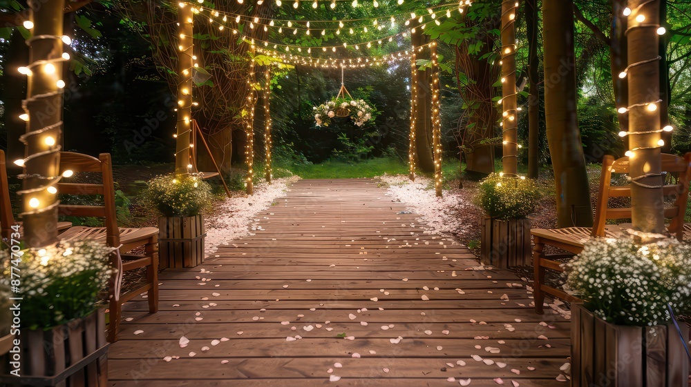 A magical tree-lined path illuminated by a canopy of twinkling fairy lights, creating an enchanting atmosphere. Perfect for evening events, weddings, or romantic garden settings A magical tree-lined path illuminated by a canopy of twinkling fairy lights, creating an enchanting atmosphere. Perfect for evening events, weddings, or romantic garden settings