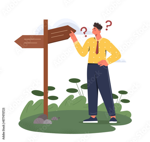 Man with difficult choice. Young guy near road sign. Aspiring specialist chooses career path. Decision making process. Pensive character. Cartoon vector illustration isolated on white background