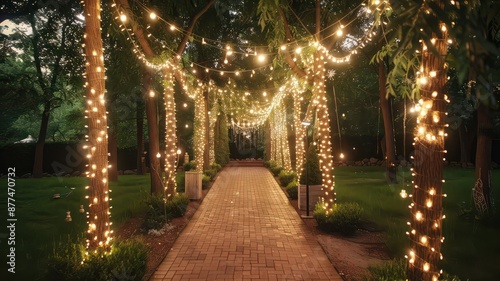A magical tree-lined path illuminated by a canopy of twinkling fairy lights, creating an enchanting atmosphere. Perfect for evening events, weddings, or romantic garden settings © Sasikharn