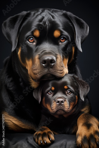 Portrait of female Rottweiler Dog with Puppy