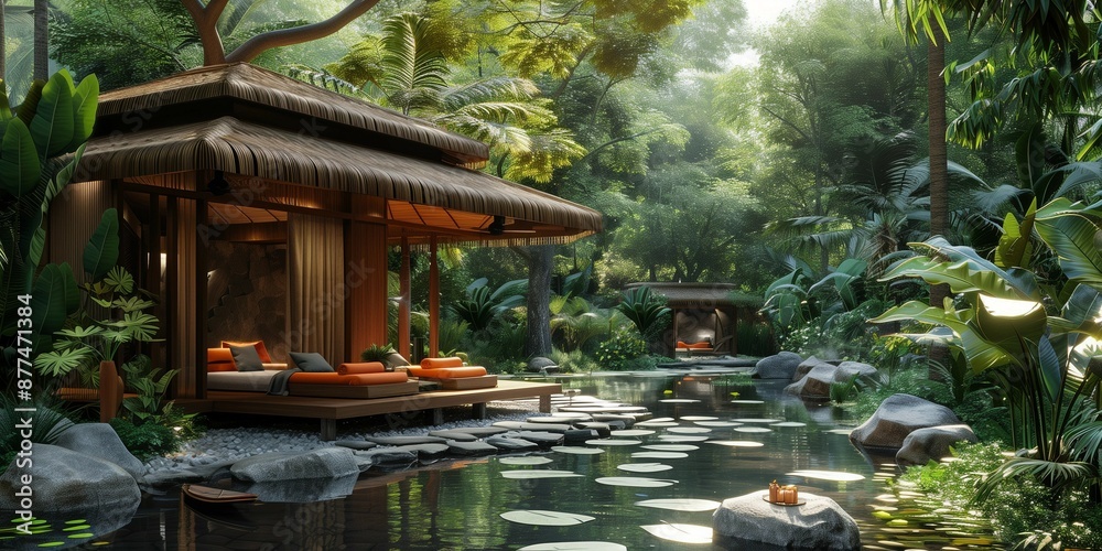 Obraz premium Tranquil Pondside Massage Hut in a Tropical Setting, generative ai