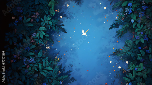 異世界の緑と夜空と鳥　AI画像　ジェネレーティブAI