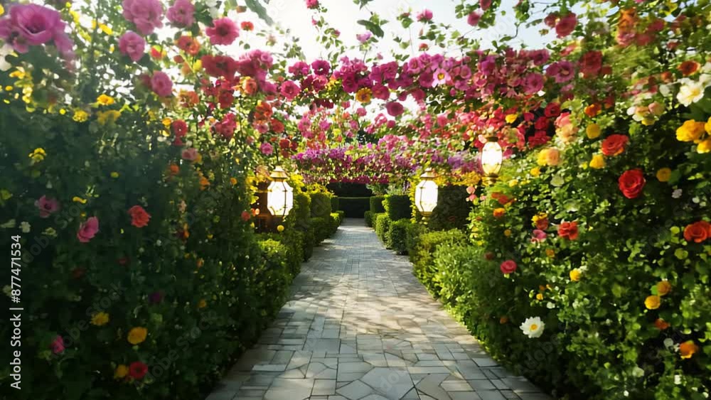 Garden Pathway with Blooming Flowers and Decorative Lanterns Garden Pathway with Blooming Flowers and Decorative Lanterns