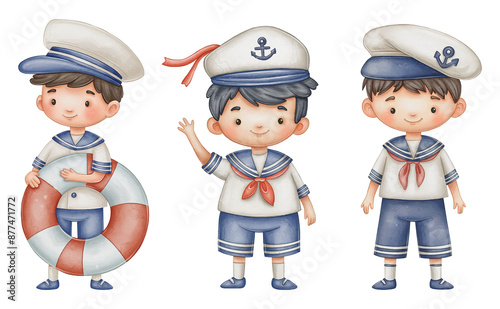 Cute cartoon boys sailors watercolor