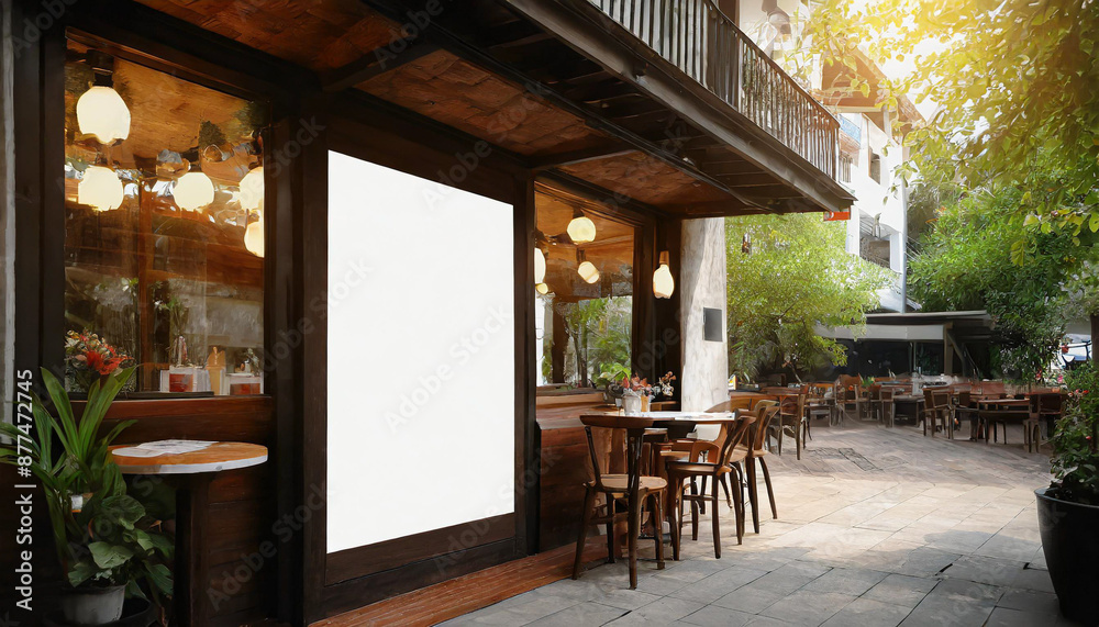Mockup billboards or white promotion poster displayed on the front of the restaurant, coffee Mockup billboards or white promotion poster displayed on the front of the restaurant, coffee