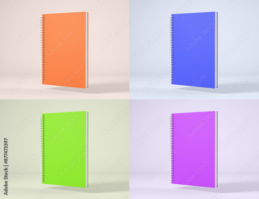 Four spiral notebooks in different colors, 3d render Four spiral notebooks in different colors, 3d render