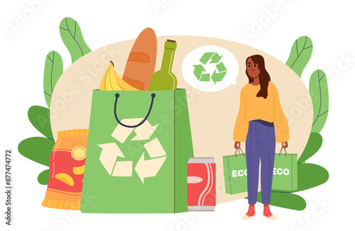 Woman with ecological bag. Young girl near bag of recycled materials. Care about ecology and environment. Eco activist and volunteer. Cartoon vector illustration isolated on white background